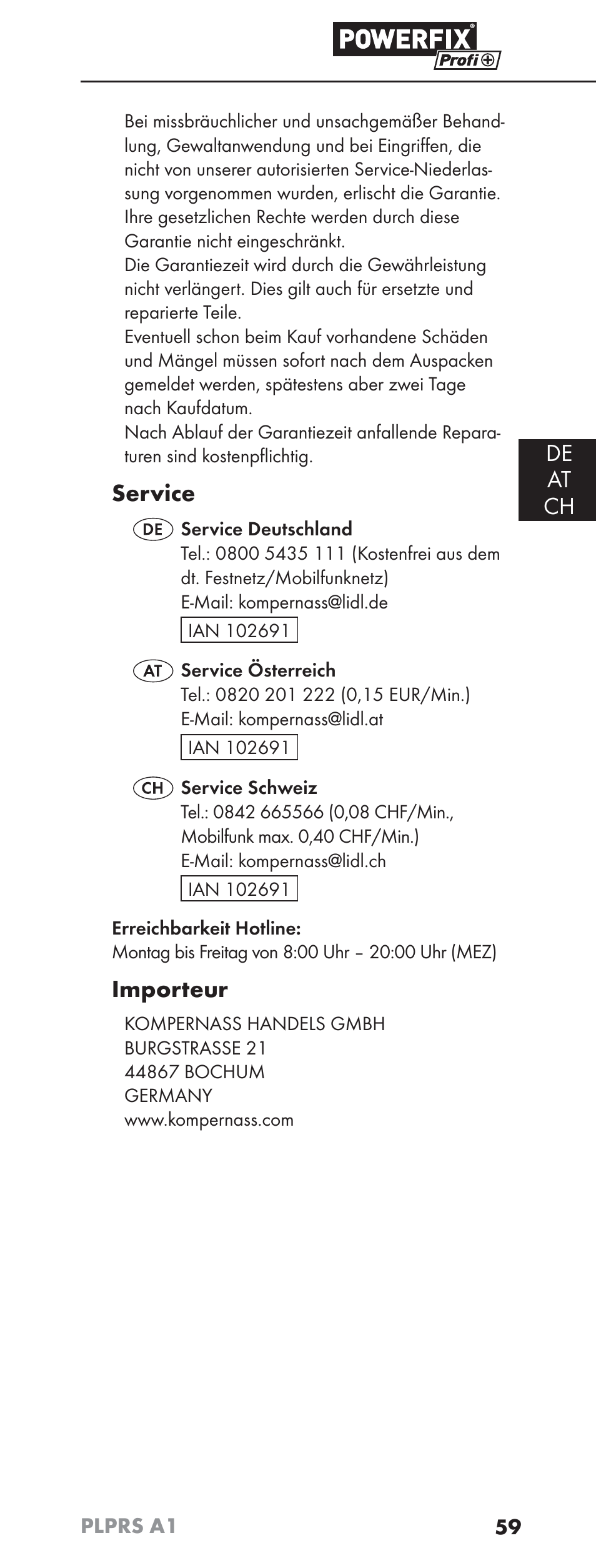 De at ch, Service, Importeur | Powerfix PLPRS A1 User Manual | Page 62 / 63