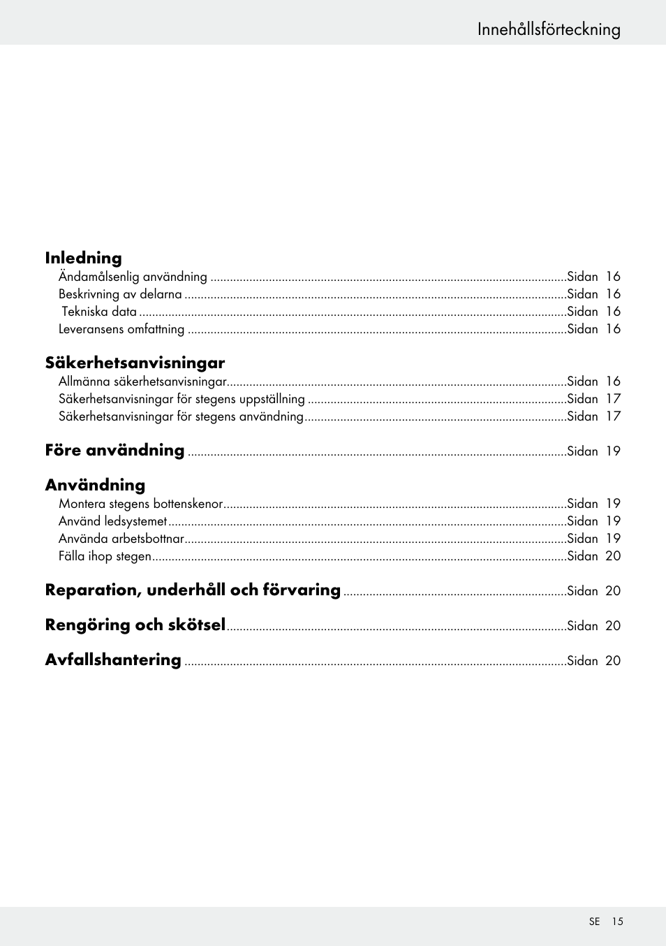 Innehållsförteckning | Powerfix Z30473 User Manual | Page 15 / 48
