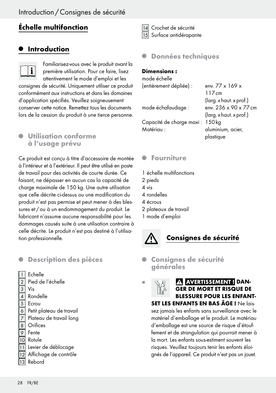 Q introduction, Q utilisation conforme à l‘usage prévu, Q description des pièces | Q données techniques, Q fourniture, Consignes de sécurité, Q consignes de sécurité générales, Introduction, Introduction / consignes de sécurité, Échelle multifonction | Powerfix Z30473 User Manual | Page 28 / 48