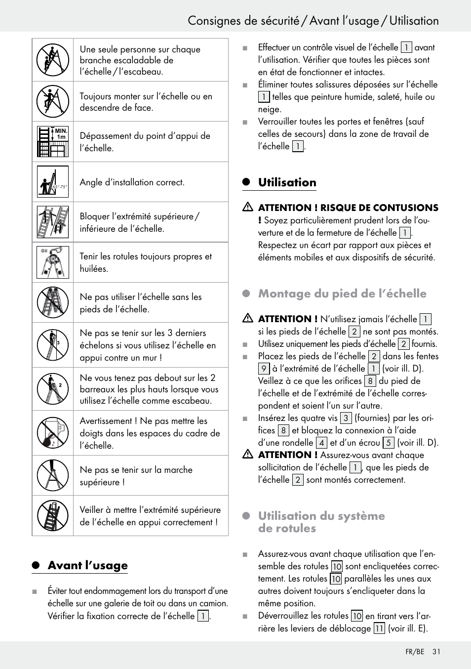 Q avant l’usage, Q utilisation, Q montage du pied de l’échelle | Q utilisation du système de rotules, Avant l’usage, Utilisation, Montage du pied de l’échelle, Utilisation du système de rotules | Powerfix Z30473 User Manual | Page 31 / 48
