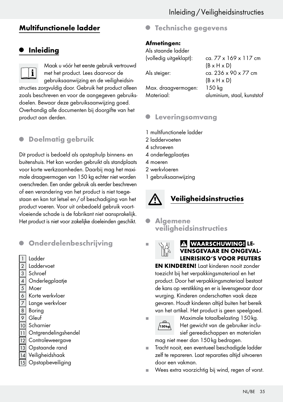 Q inleiding, Q doelmatig gebruik, Q onderdelenbeschrijving | Q technische gegevens, Q leveringsomvang, Veiligheidsinstructies, Q algemene veiligheidsinstructies, Inleiding, Inleiding / veiligheidsinstructies, Multifunctionele ladder | Powerfix Z30473 User Manual | Page 35 / 48