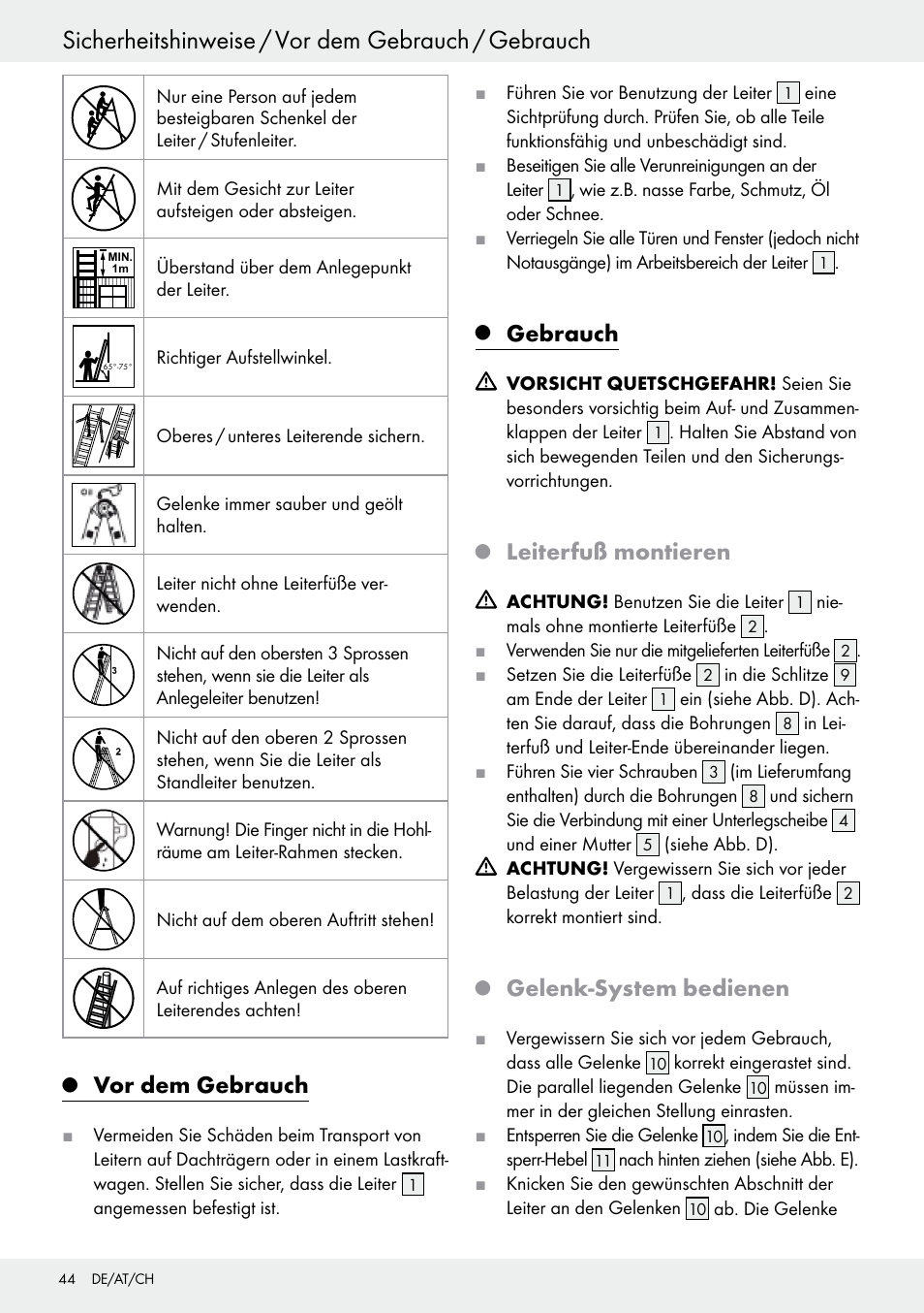 Q gelenk-system bedienen, Q leiterfuß montieren, Q vor dem gebrauch | Q gebrauch, Vor dem gebrauch, Seite 44, Gebrauch, Sicherheitshinweise / vor dem gebrauch / gebrauch, Leiterfuß montieren, Gelenk-system bedienen | Powerfix Z30473 User Manual | Page 44 / 48