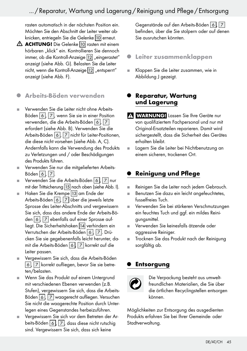 Q leiter zusammenklappen, Q reparatur, wartung und lagerung, Q reinigung und pflege | Q entsorgung, Q arbeits-böden verwenden, Reparatur, wartung und lagerung, Seite 45, Reinigung und pflege, Entsorgung, Arbeits-böden verwenden | Powerfix Z30473 User Manual | Page 45 / 48