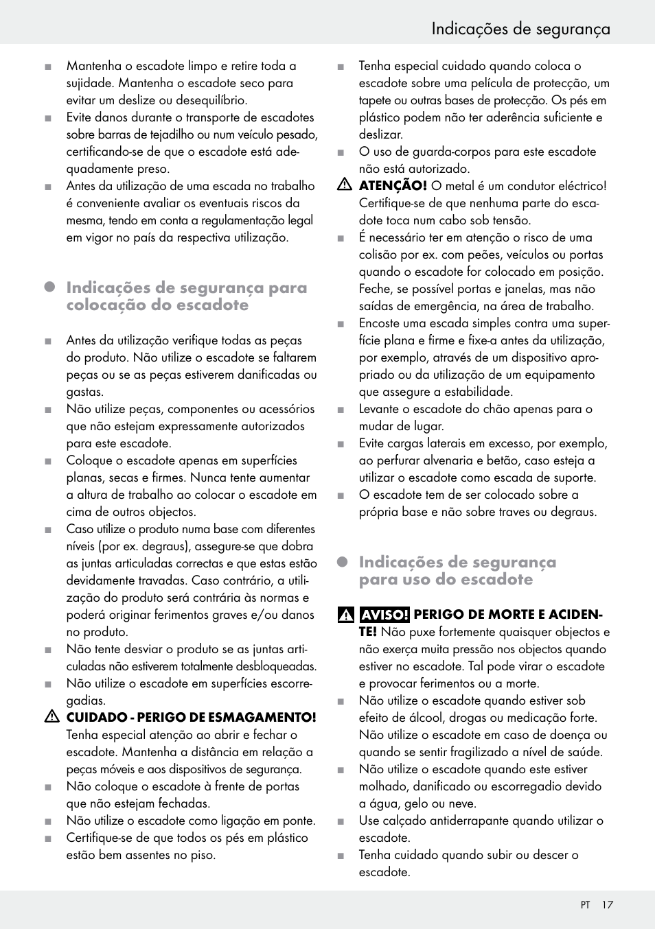 Q indicações de segurança para uso do escadote, Indicações de segurança, Indicações de segurança para colocação do escadote | Indicações de segurança para uso do escadote | Powerfix Z30473 User Manual | Page 17 / 35
