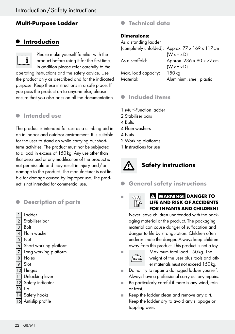 Q introduction, Q intended use, Q description of parts | Q technical data, Q included items, Safety instructions, Q general safety instructions, Introduction, Introduction / safety instructions, Multi-purpose ladder | Powerfix Z30473 User Manual | Page 22 / 35
