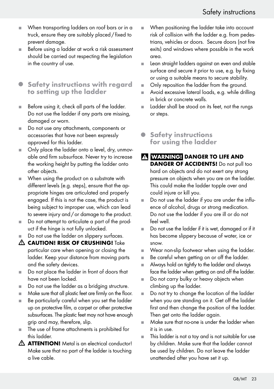 Q safety instructions for using the ladder, Safety instructions, Safety instructions for using the ladder | Powerfix Z30473 User Manual | Page 23 / 35