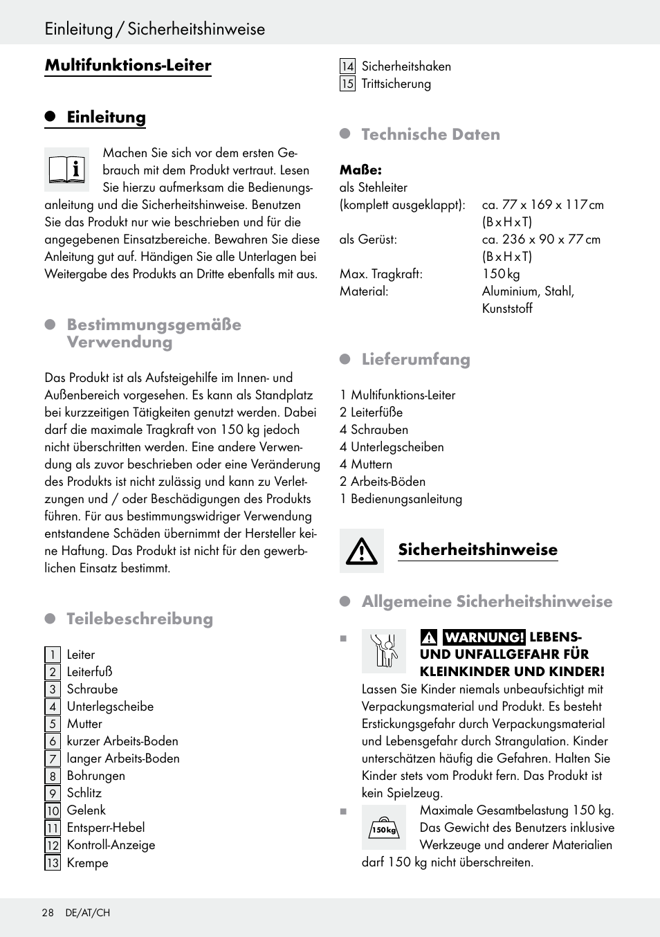Q einleitung, Q bestimmungsgemäße verwendung, Q teilebeschreibung | Q technische daten, Q lieferumfang, Sicherheitshinweise, Q allgemeine sicherheitshinweise, Einleitung, Einleitung / sicherheitshinweise, Multifunktions-leiter | Powerfix Z30473 User Manual | Page 28 / 35