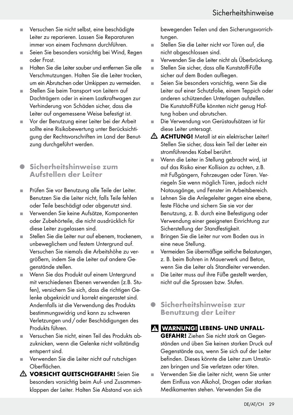 Q sicherheitshinweise zum aufstellen der leiter, Q sicherheitshinweise zur benutzung der leiter, Sicherheitshinweise | Sicherheitshinweise zum aufstellen der leiter, Sicherheitshinweise zur benutzung der leiter | Powerfix Z30473 User Manual | Page 29 / 35