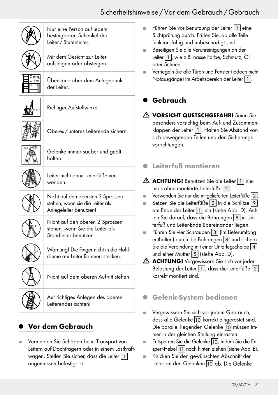 Q vor dem gebrauch, Q gebrauch, Q leiterfuß montieren | Q gelenk-system bedienen, Vor dem gebrauch, Seite 31, Gebrauch, Sicherheitshinweise / vor dem gebrauch / gebrauch, Leiterfuß montieren, Gelenk-system bedienen | Powerfix Z30473 User Manual | Page 31 / 35