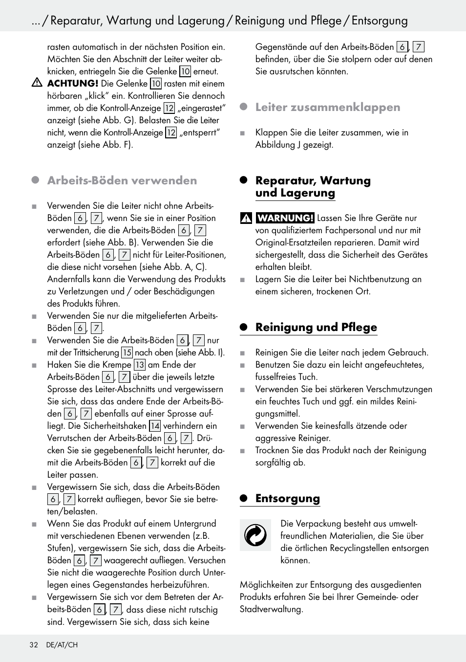 Q arbeits-böden verwenden, Q leiter zusammenklappen, Q reparatur, wartung und lagerung | Q reinigung und pflege, Q entsorgung, Reparatur, wartung und lagerung, Seite 32, Reinigung und pflege, Entsorgung, Arbeits-böden verwenden | Powerfix Z30473 User Manual | Page 32 / 35