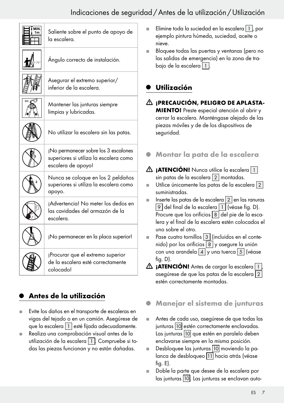 Q antes de la utilización, Q utilización, Q montar la pata de la escalera | Q manejar el sistema de junturas, Antes de la utilización, Utilización, Montar la pata de la escalera, Manejar el sistema de junturas | Powerfix Z30473 User Manual | Page 7 / 35