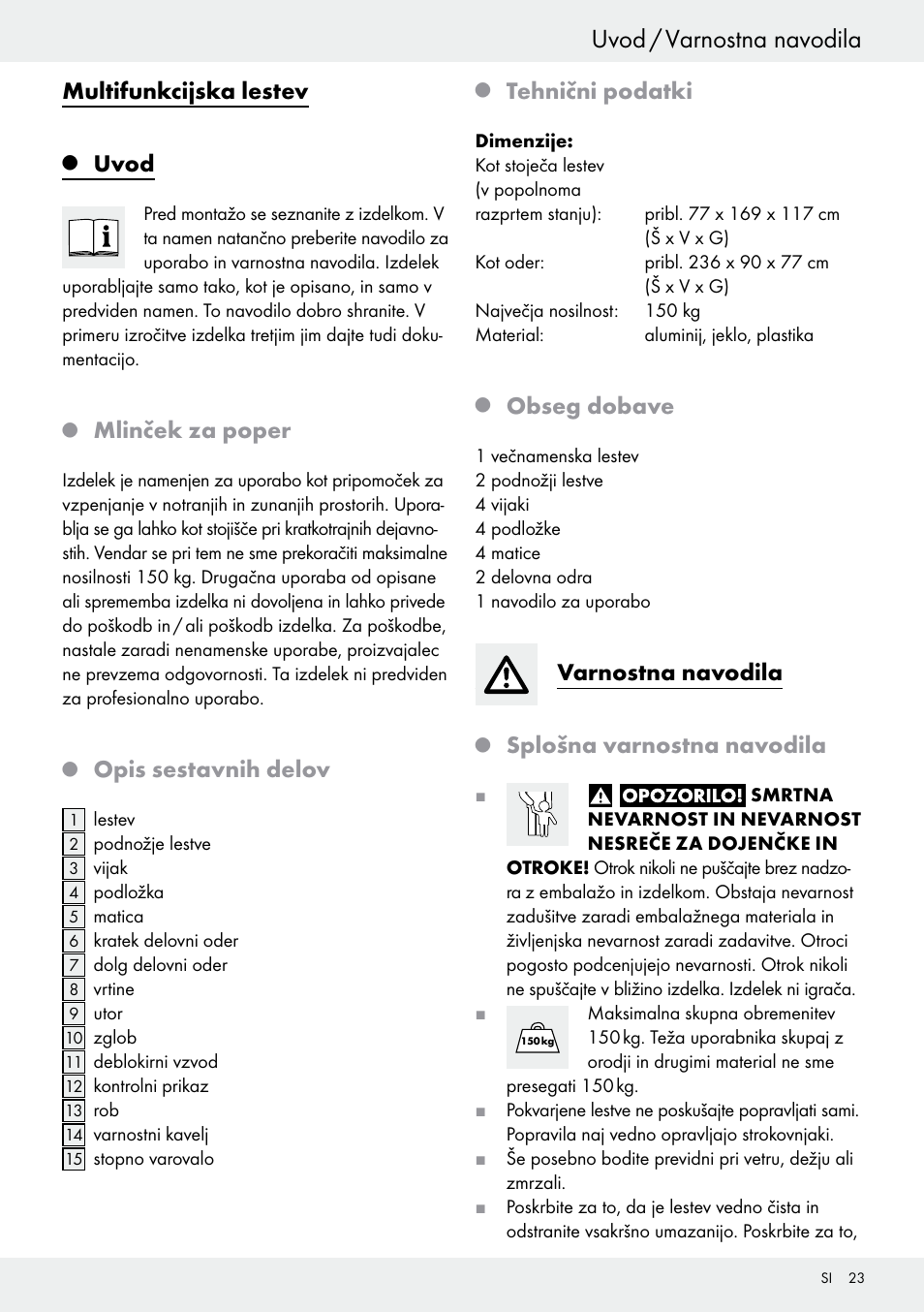 Q uvod, Q mlinček za poper, Q opis sestavnih delov | Q tehnični podatki, Q obseg dobave, Varnostna navodila, Q splošna varnostna navodila, Uvod, Uvod / varnostna navodila, Multifunkcijska lestev | Powerfix Z30473 User Manual | Page 23 / 48