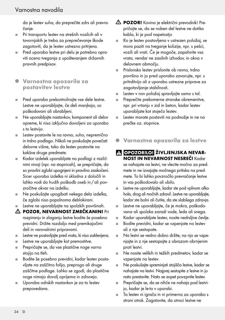 Q varnostna opozorila za postavitev lestve, Q varnostna opozorila za lestve, Varnostna navodila | Varnostna opozorila za postavitev lestve, Varnostna opozorila za lestve | Powerfix Z30473 User Manual | Page 24 / 48
