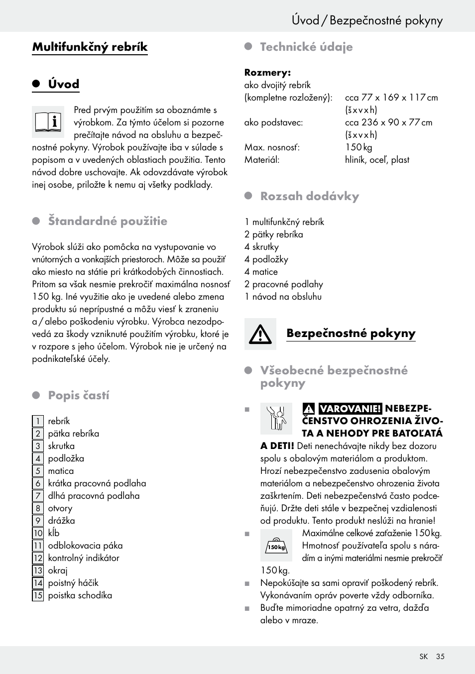 Q úvod, Q štandardné použitie, Q popis častí | Q technické údaje, Q rozsah dodávky, Bezpečnostné pokyny, Q všeobecné bezpečnostné pokyny, Úvod, Úvod / bezpečnostné pokyny, Multifunkčný rebrík | Powerfix Z30473 User Manual | Page 35 / 48