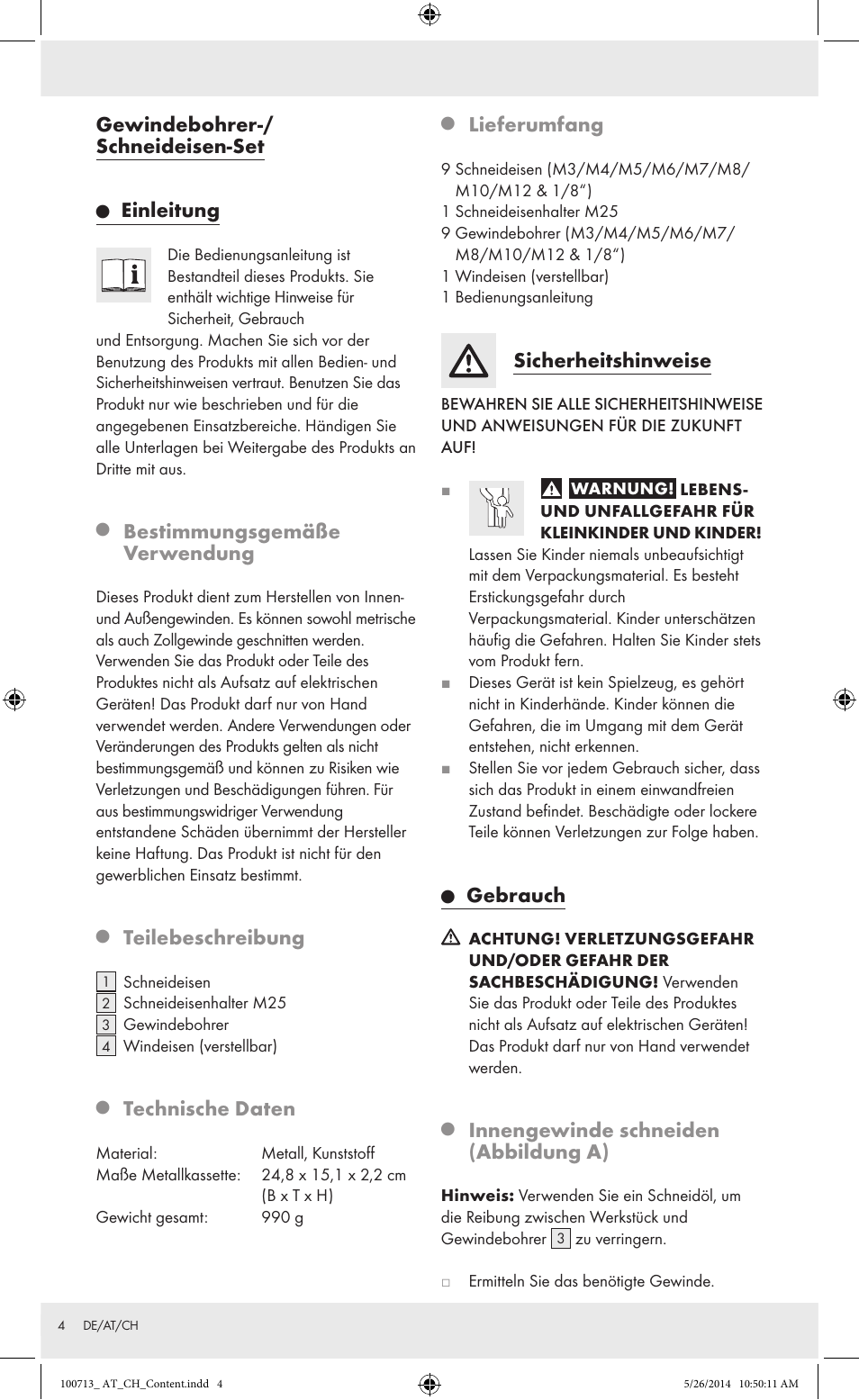 Gewindebohrer-/ schneideisen-set, Einleitung, Bestimmungsgemäße verwendung | Teilebeschreibung, Technische daten, Lieferumfang, Sicherheitshinweise, Gebrauch, Innengewinde schneiden (abbildung a) | Powerfix Z30003 User Manual | Page 4 / 10