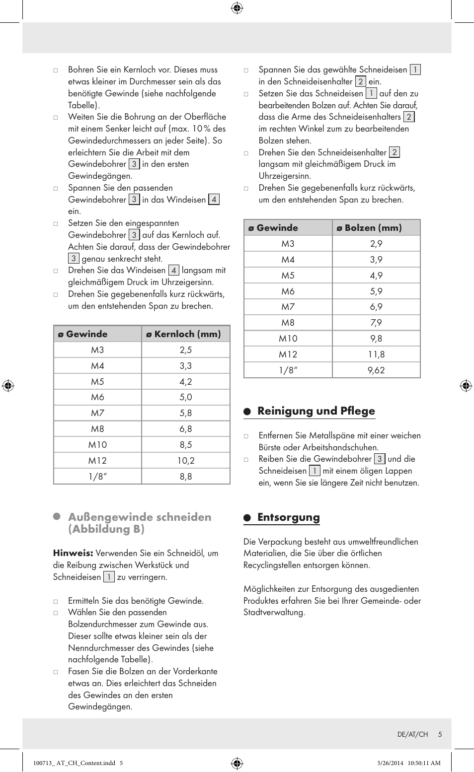 Außengewinde schneiden (abbildung b), Reinigung und pflege, Entsorgung | Powerfix Z30003 User Manual | Page 5 / 10