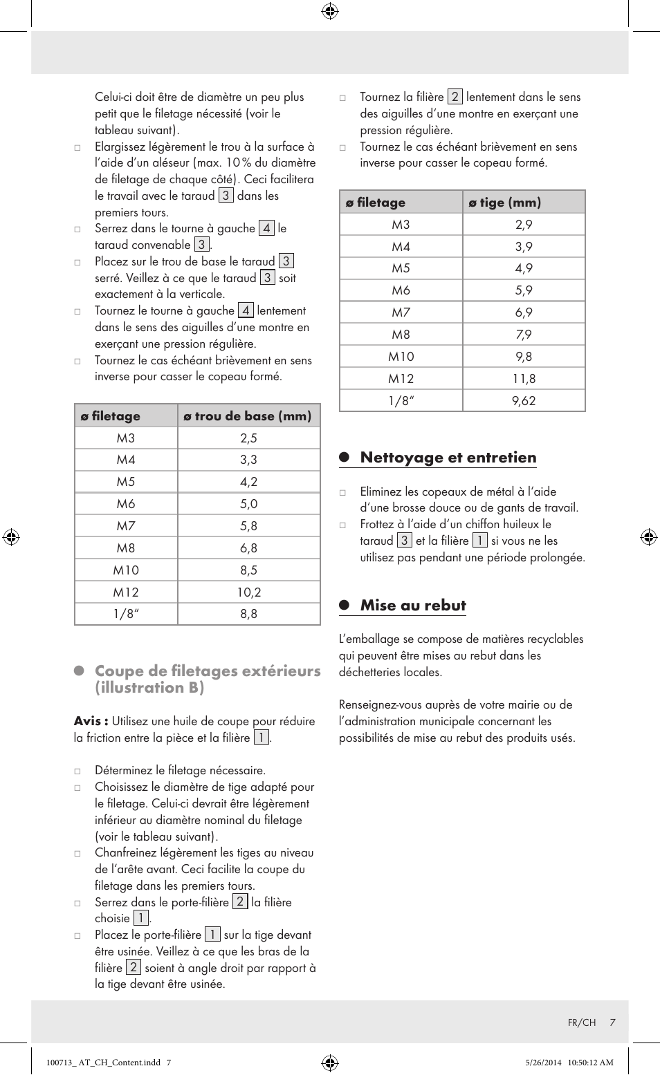 Coupe de filetages extérieurs (illustration b), Nettoyage et entretien, Mise au rebut | Powerfix Z30003 User Manual | Page 7 / 10