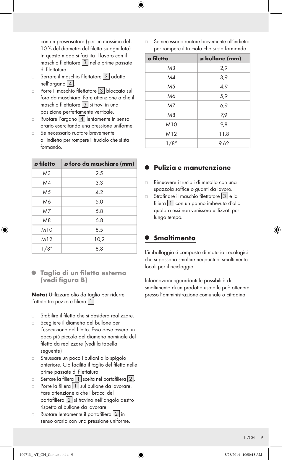 Taglio di un filetto esterno (vedi figura b), Pulizia e manutenzione, Smaltimento | Powerfix Z30003 User Manual | Page 9 / 10