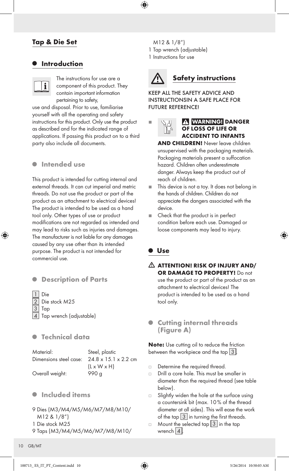 Tap & die set, Introduction, Intended use | Description of parts, Technical data, Included items, Safety instructions, Cutting internal threads (figure a) | Powerfix Z30003 User Manual | Page 10 / 14