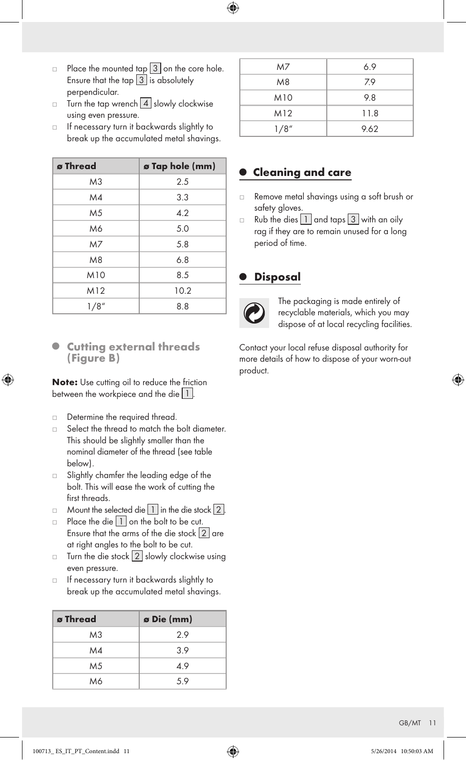 Cutting external threads (figure b), Cleaning and care, Disposal | Powerfix Z30003 User Manual | Page 11 / 14