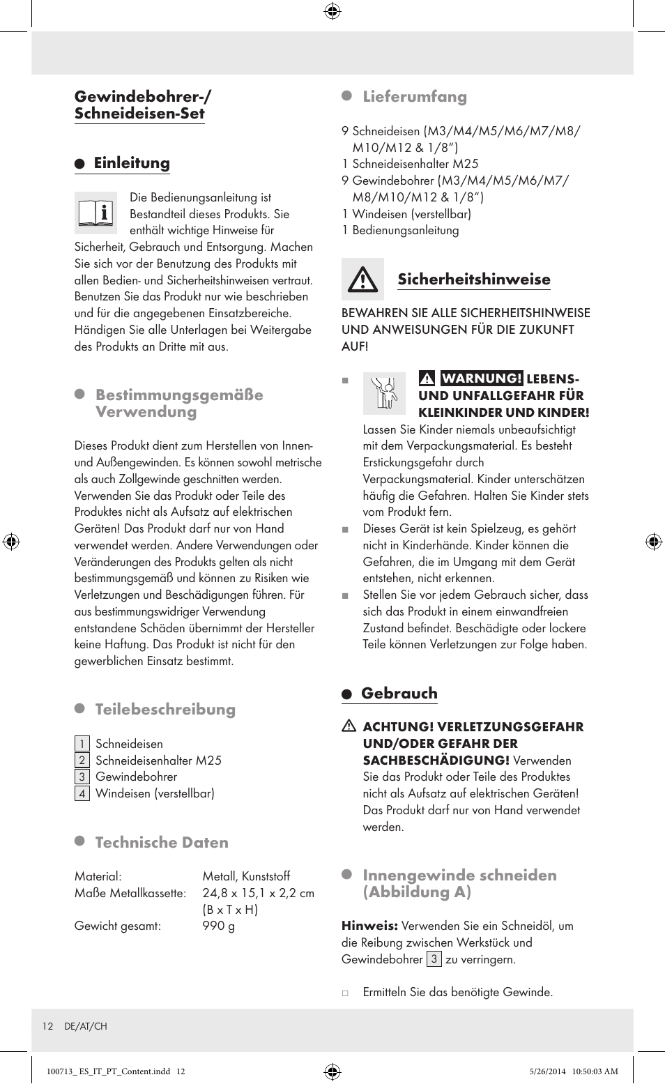 Gewindebohrer-/ schneideisen-set, Einleitung, Bestimmungsgemäße verwendung | Teilebeschreibung, Technische daten, Lieferumfang, Sicherheitshinweise, Gebrauch, Innengewinde schneiden (abbildung a) | Powerfix Z30003 User Manual | Page 12 / 14