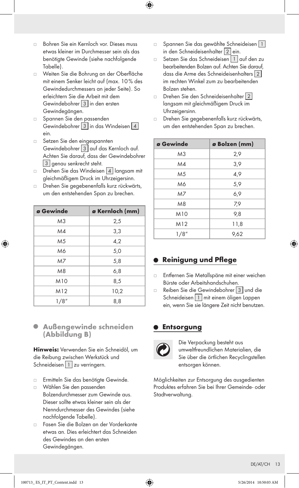 Außengewinde schneiden (abbildung b), Reinigung und pflege, Entsorgung | Powerfix Z30003 User Manual | Page 13 / 14