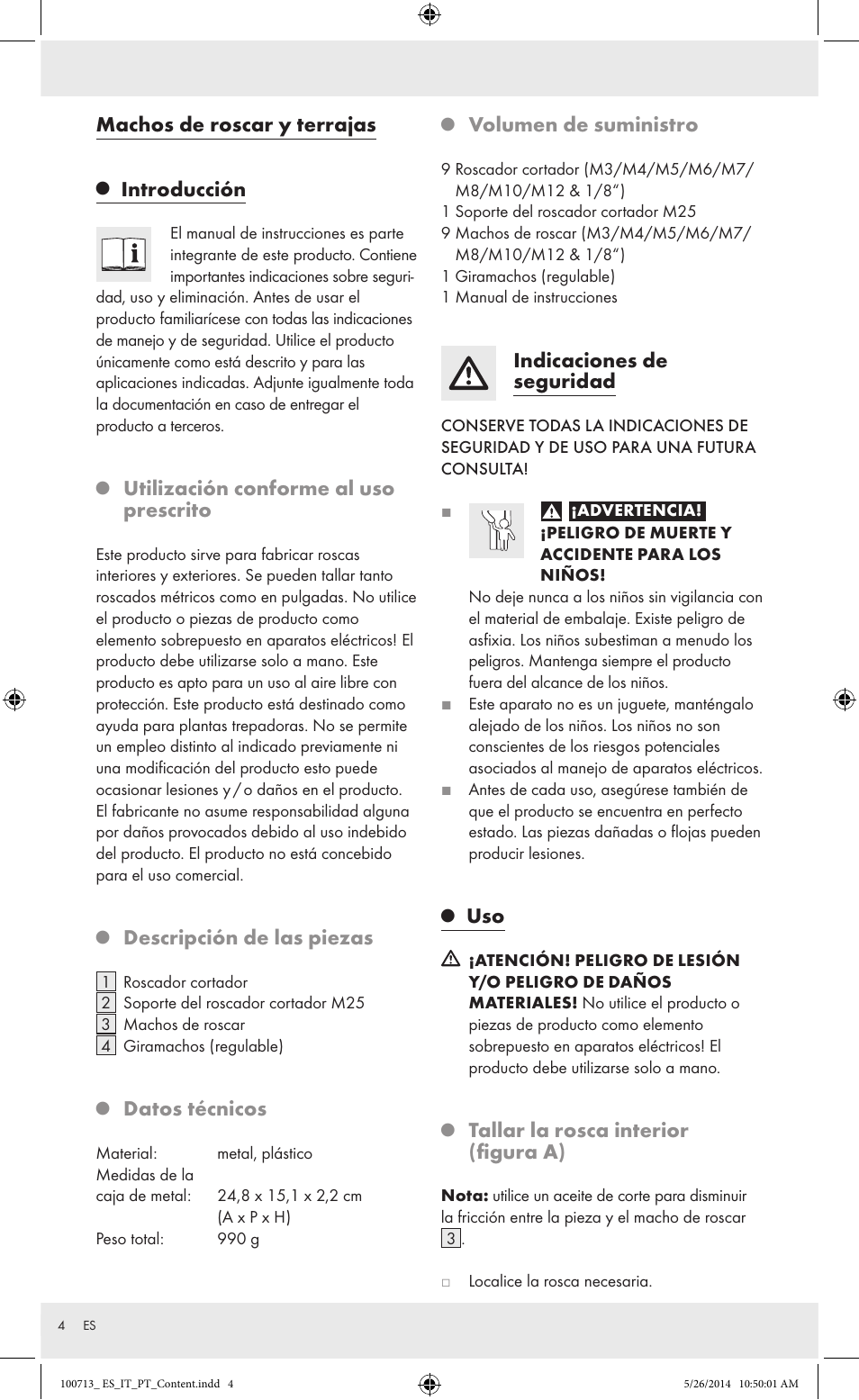 Machos de roscar y terrajas, Introducción, Utilización conforme al uso prescrito | Descripción de las piezas, Datos técnicos, Volumen de suministro, Indicaciones de seguridad, Tallar la rosca interior (figura a) | Powerfix Z30003 User Manual | Page 4 / 14