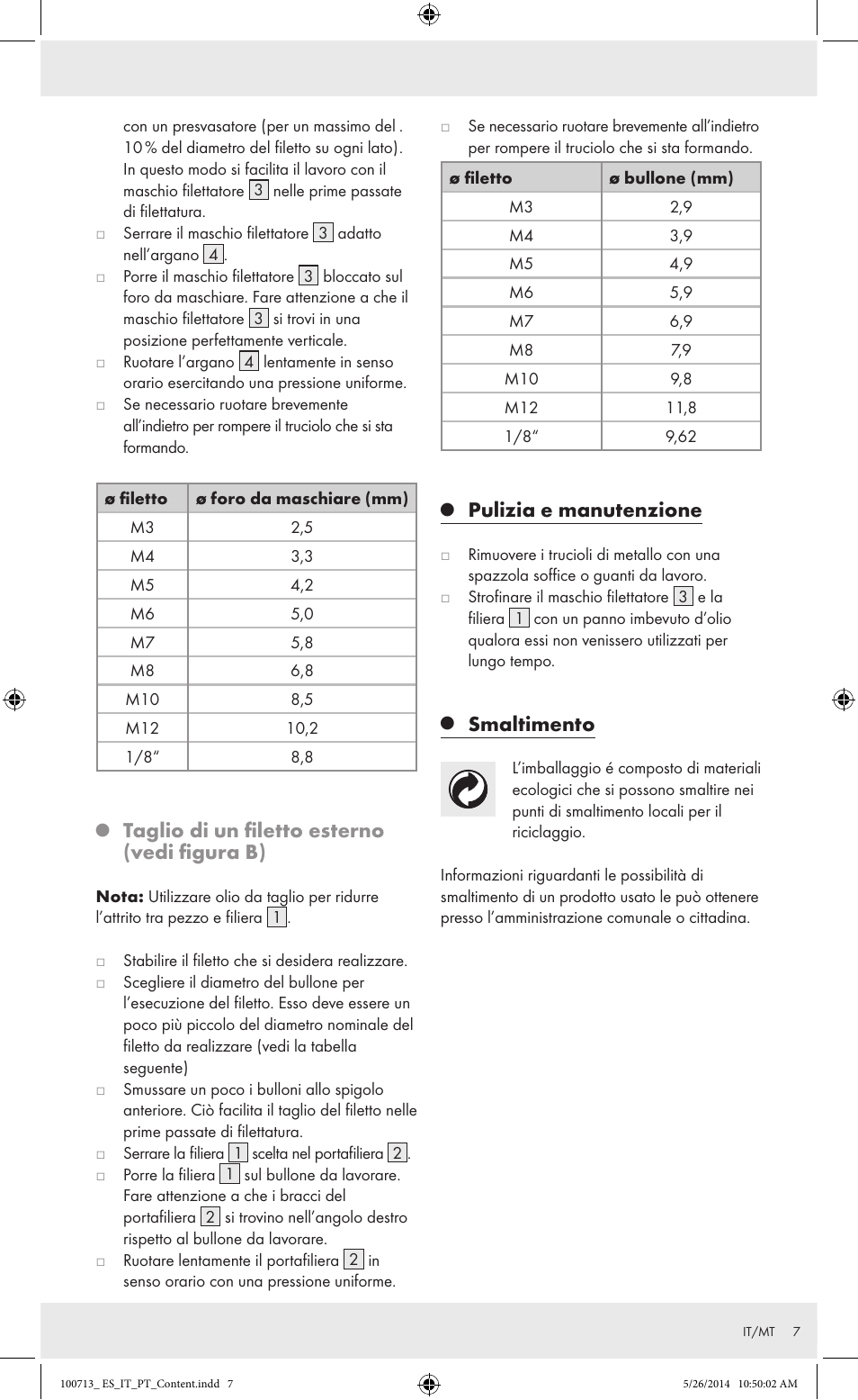 Taglio di un filetto esterno (vedi figura b), Pulizia e manutenzione, Smaltimento | Powerfix Z30003 User Manual | Page 7 / 14