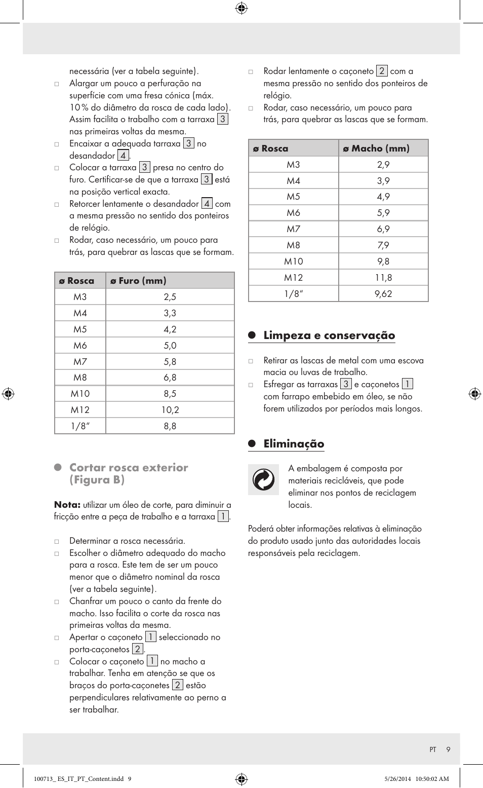 Cortar rosca exterior (figura b), Limpeza e conservação, Eliminação | Powerfix Z30003 User Manual | Page 9 / 14