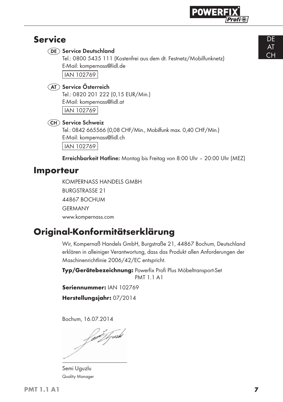 Service, Importeur, Original-konformitätserklärung | De at ch | Powerfix PMT 1.1 A1 User Manual | Page 10 / 35