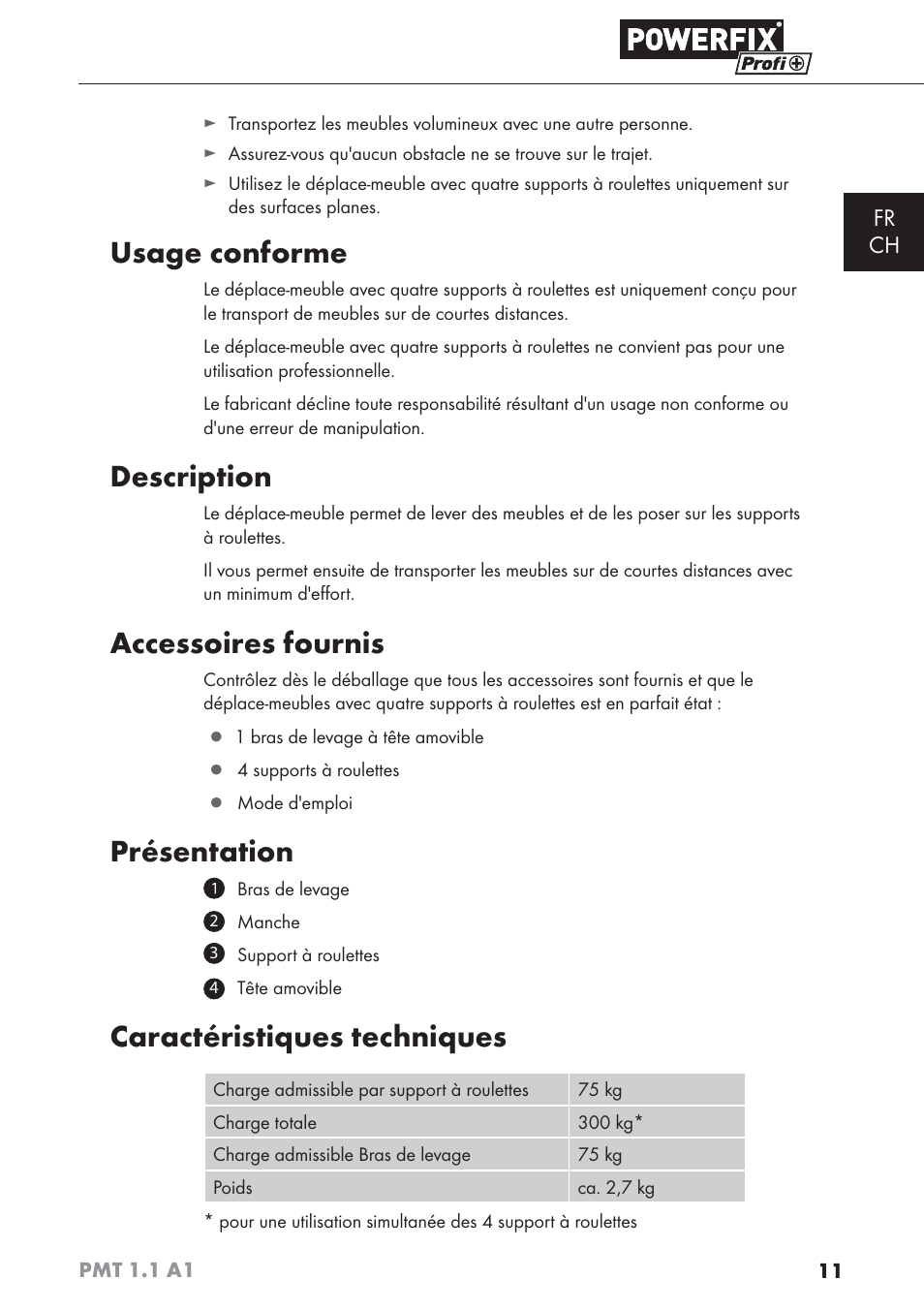 Usage conforme, Description, Accessoires fournis | Présentation, Caractéristiques techniques, Fr ch | Powerfix PMT 1.1 A1 User Manual | Page 14 / 35