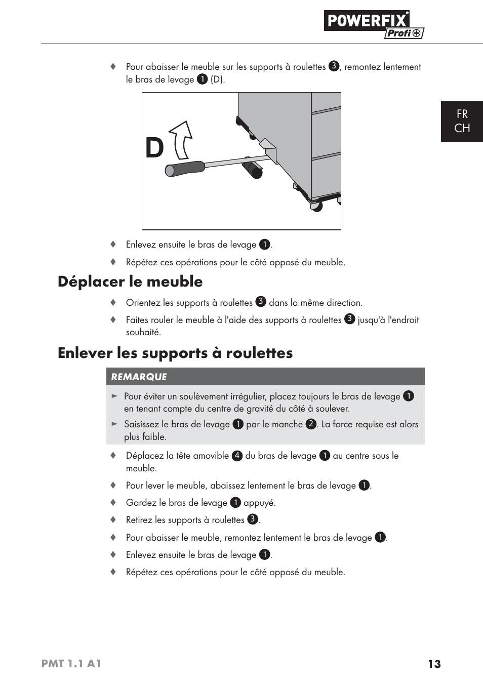 Déplacer le meuble, Enlever les supports à roulettes, Fr ch | Powerfix PMT 1.1 A1 User Manual | Page 16 / 35