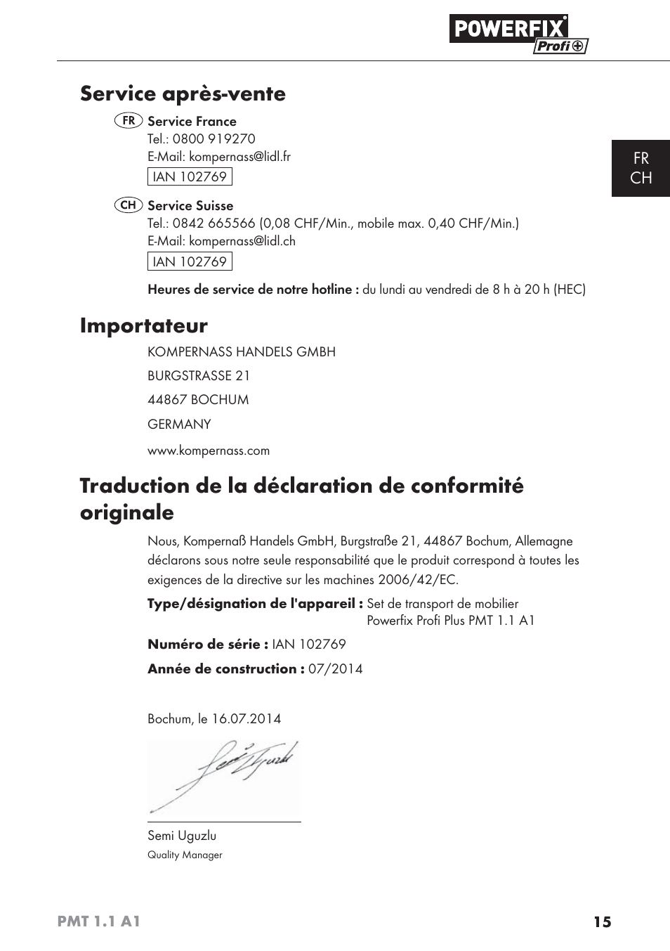 Service après-vente, Importateur, Fr ch | Powerfix PMT 1.1 A1 User Manual | Page 18 / 35