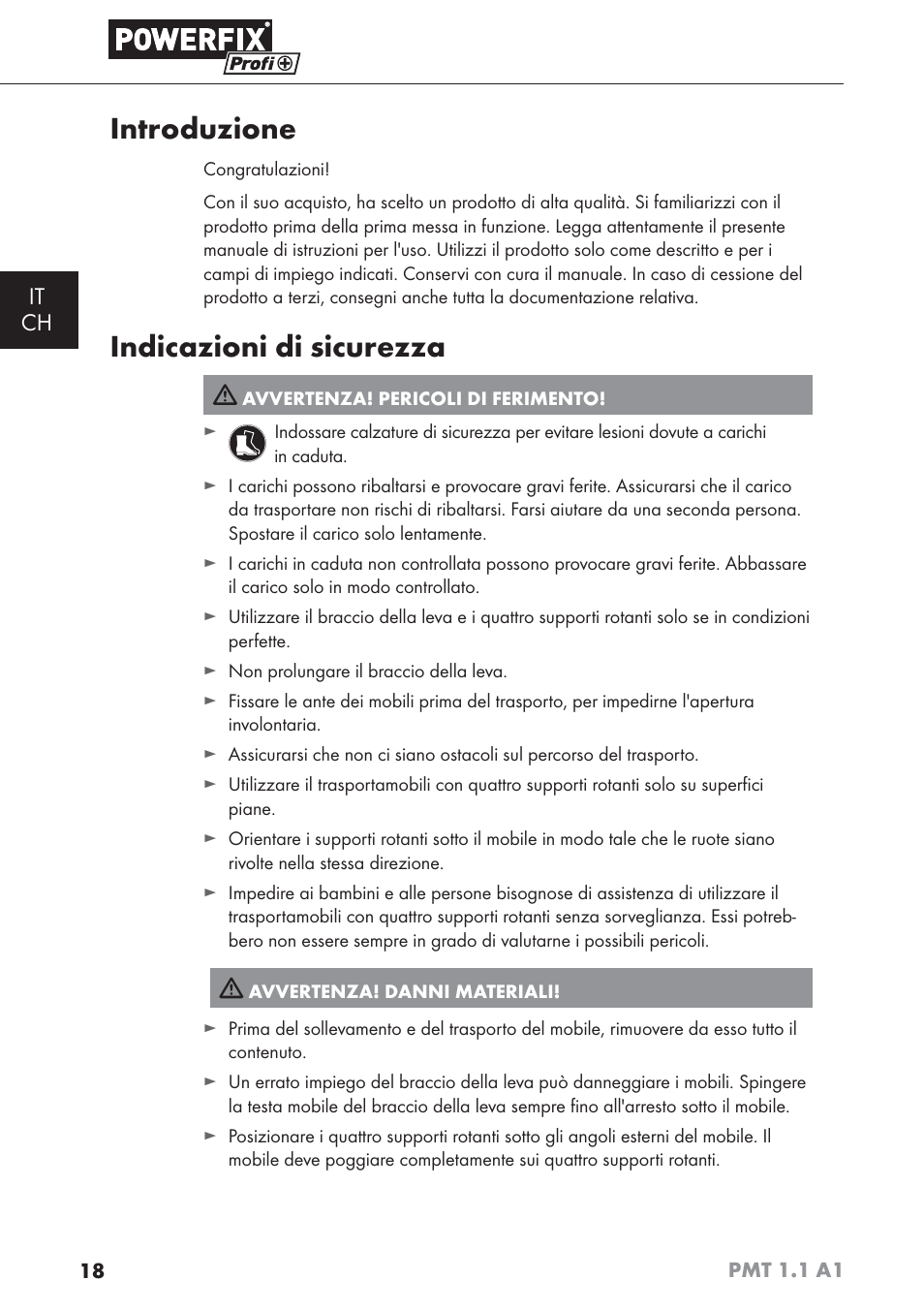 Introduzione, Indicazioni di sicurezza, It ch | Powerfix PMT 1.1 A1 User Manual | Page 21 / 35