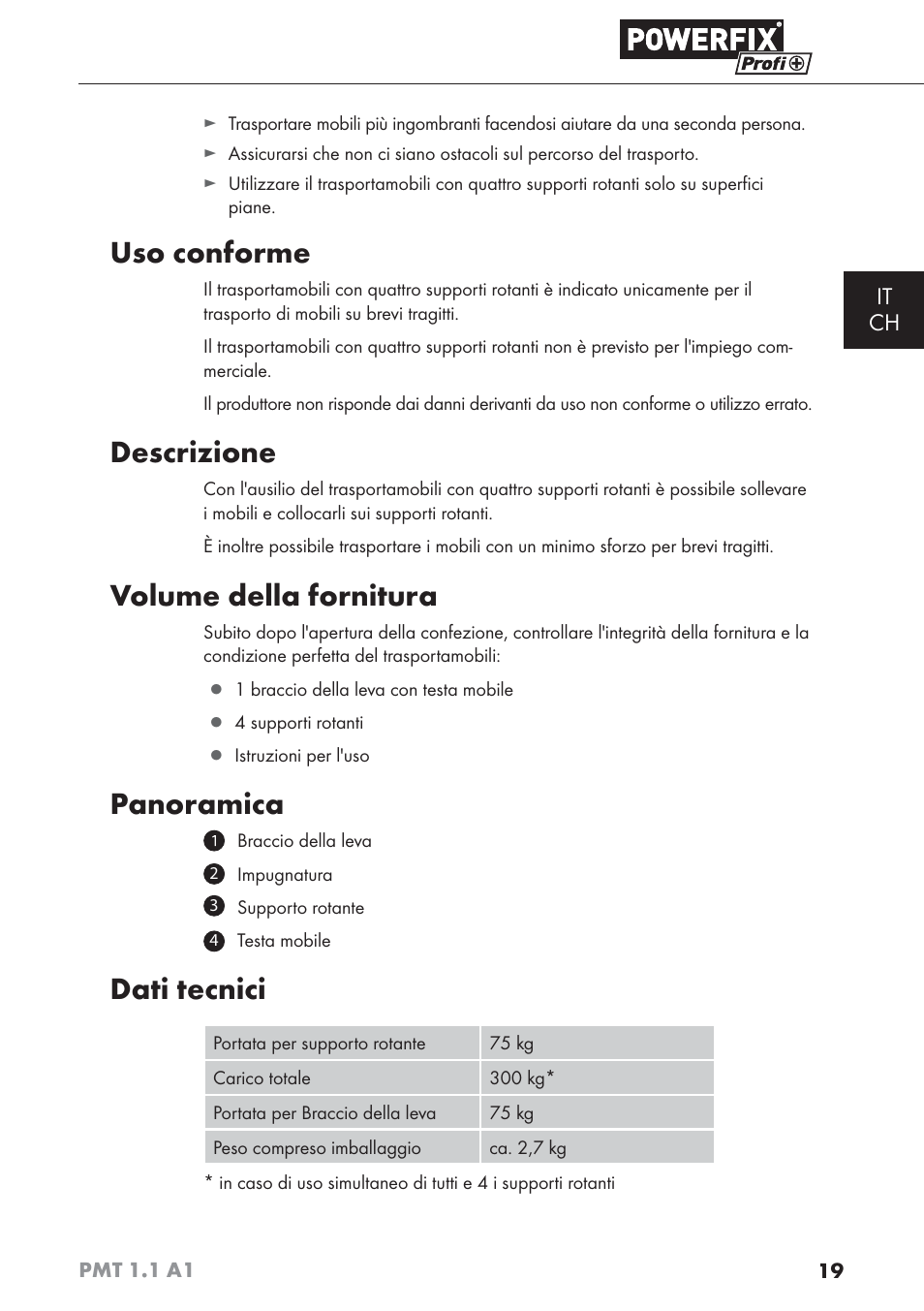 Uso conforme, Descrizione, Volume della fornitura | Panoramica, Dati tecnici, It ch | Powerfix PMT 1.1 A1 User Manual | Page 22 / 35