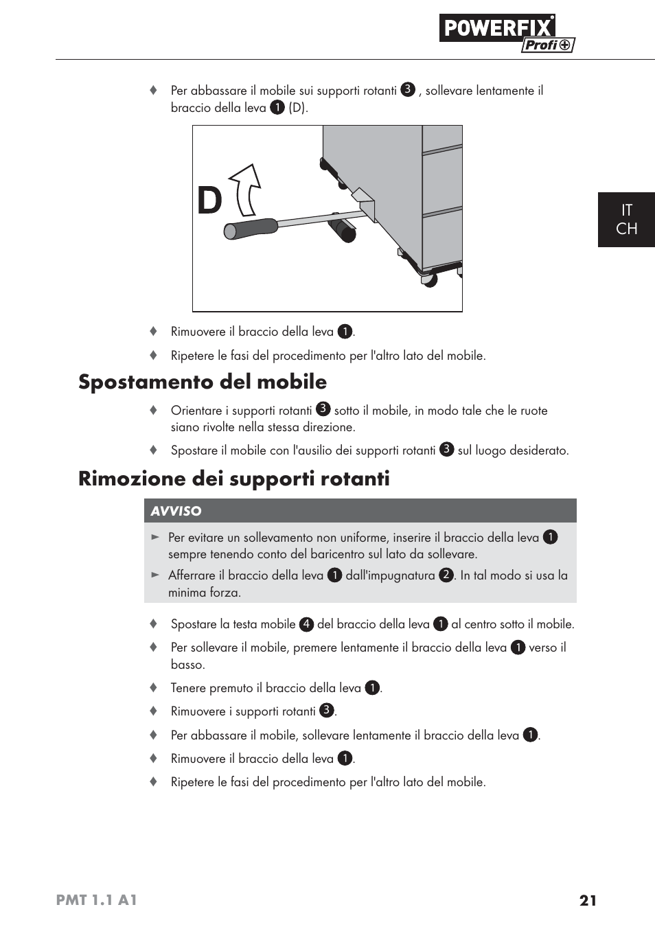 Spostamento del mobile, Rimozione dei supporti rotanti, It ch | Powerfix PMT 1.1 A1 User Manual | Page 24 / 35