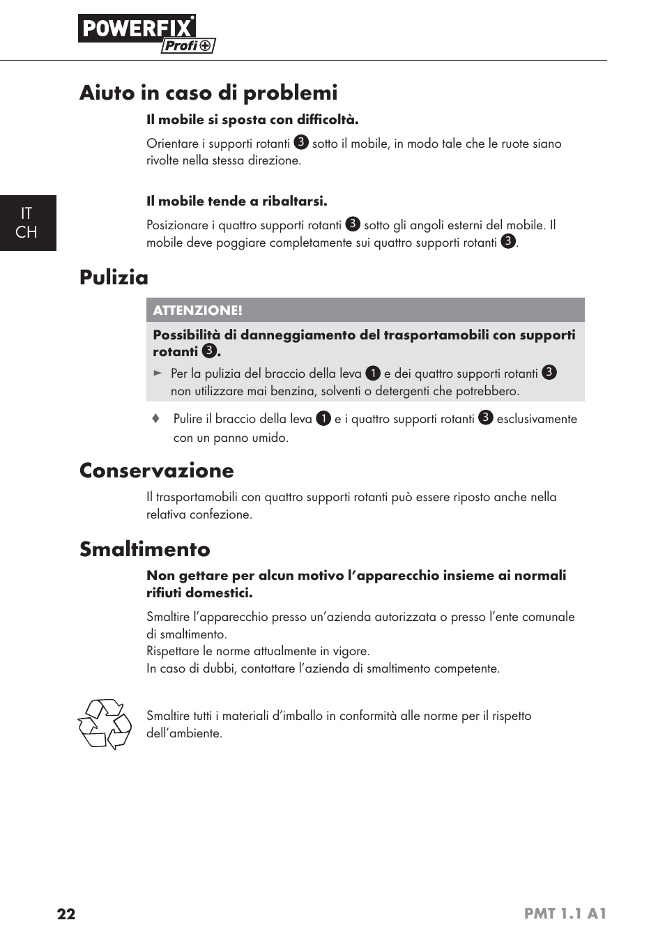 Aiuto in caso di problemi, Pulizia, Conservazione | Smaltimento, It ch | Powerfix PMT 1.1 A1 User Manual | Page 25 / 35