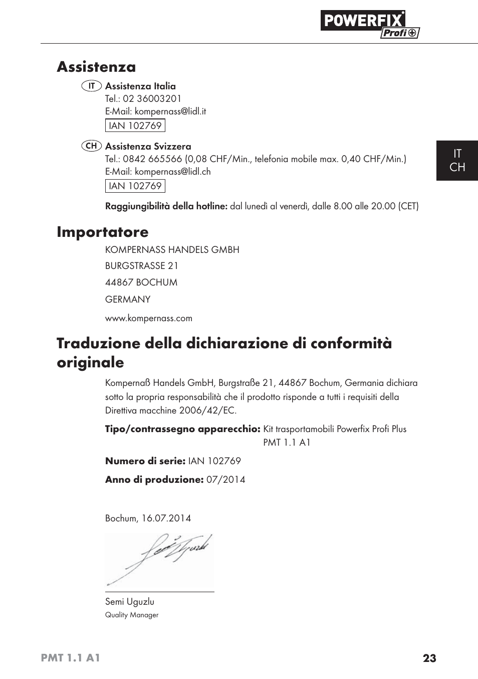 Assistenza, Importatore, It ch | Powerfix PMT 1.1 A1 User Manual | Page 26 / 35