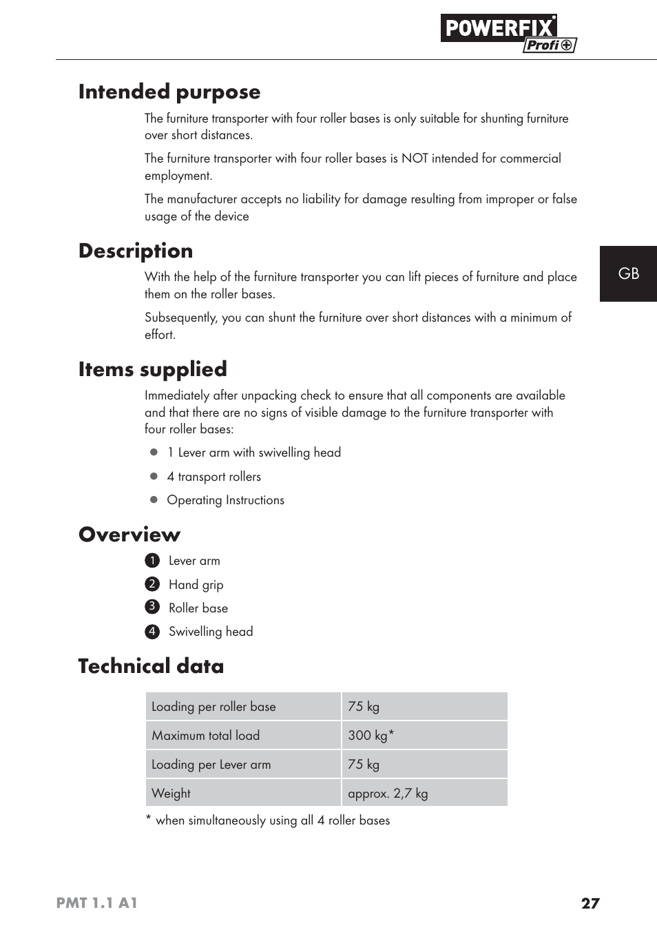Intended purpose, Description, Items supplied | Overview, Technical data | Powerfix PMT 1.1 A1 User Manual | Page 30 / 35