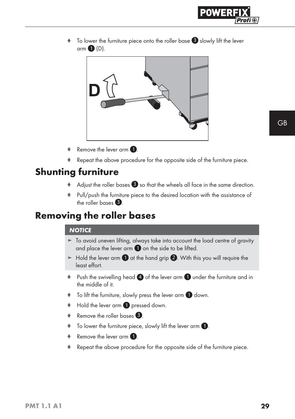 Shunting furniture, Removing the roller bases | Powerfix PMT 1.1 A1 User Manual | Page 32 / 35