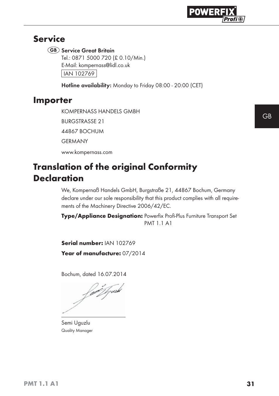 Service, Importer, Translation of the original conformity declaration | Powerfix PMT 1.1 A1 User Manual | Page 34 / 35