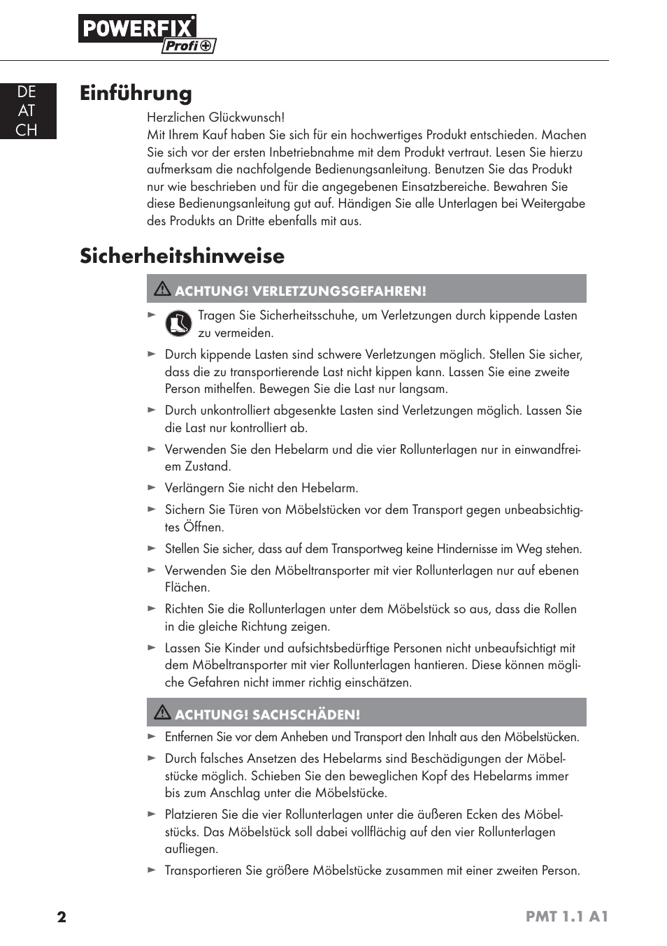 Einführung, Sicherheitshinweise, De at ch | Powerfix PMT 1.1 A1 User Manual | Page 5 / 35