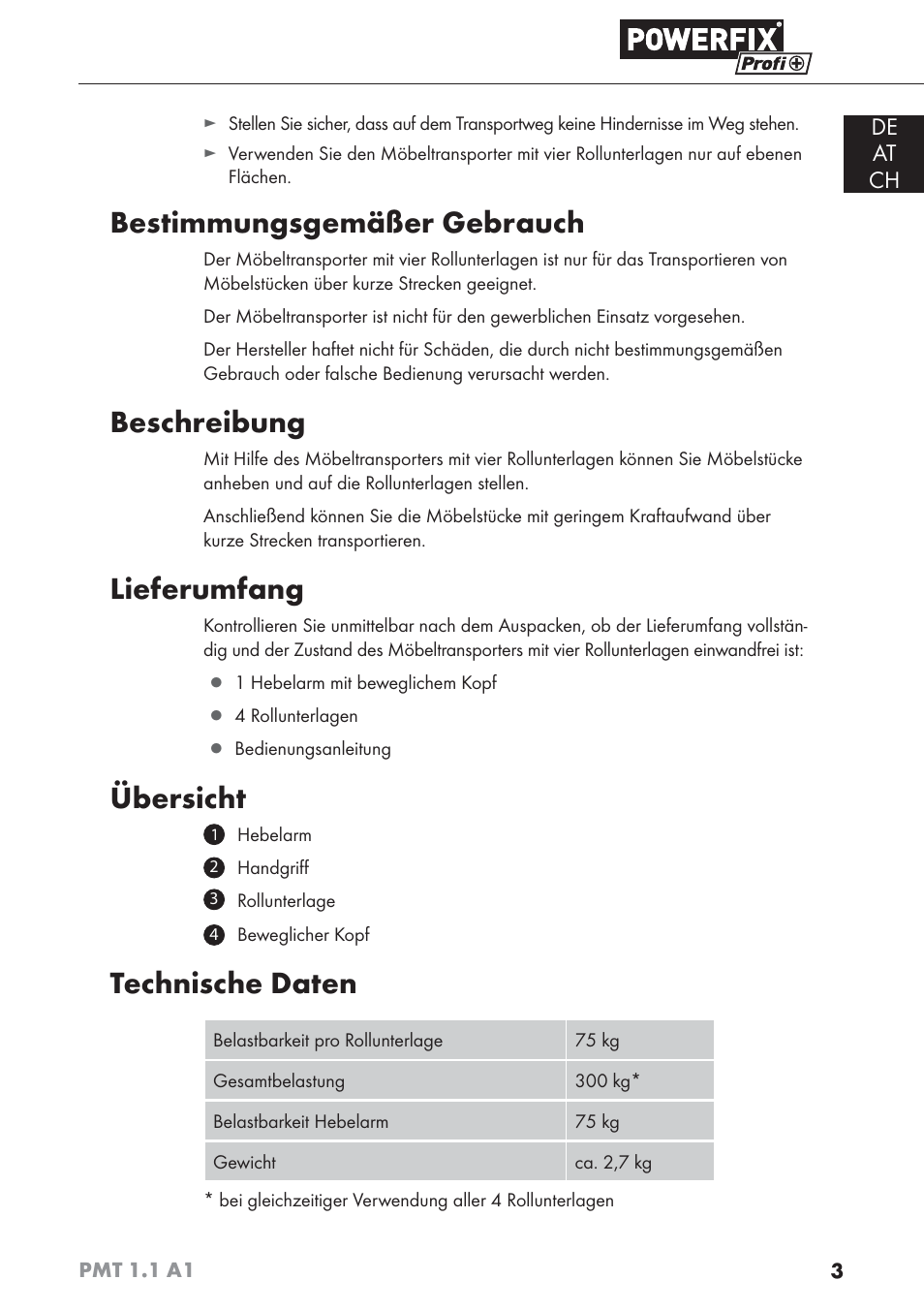 Bestimmungsgemäßer gebrauch, Beschreibung, Lieferumfang | Übersicht, Technische daten, De at ch | Powerfix PMT 1.1 A1 User Manual | Page 6 / 35