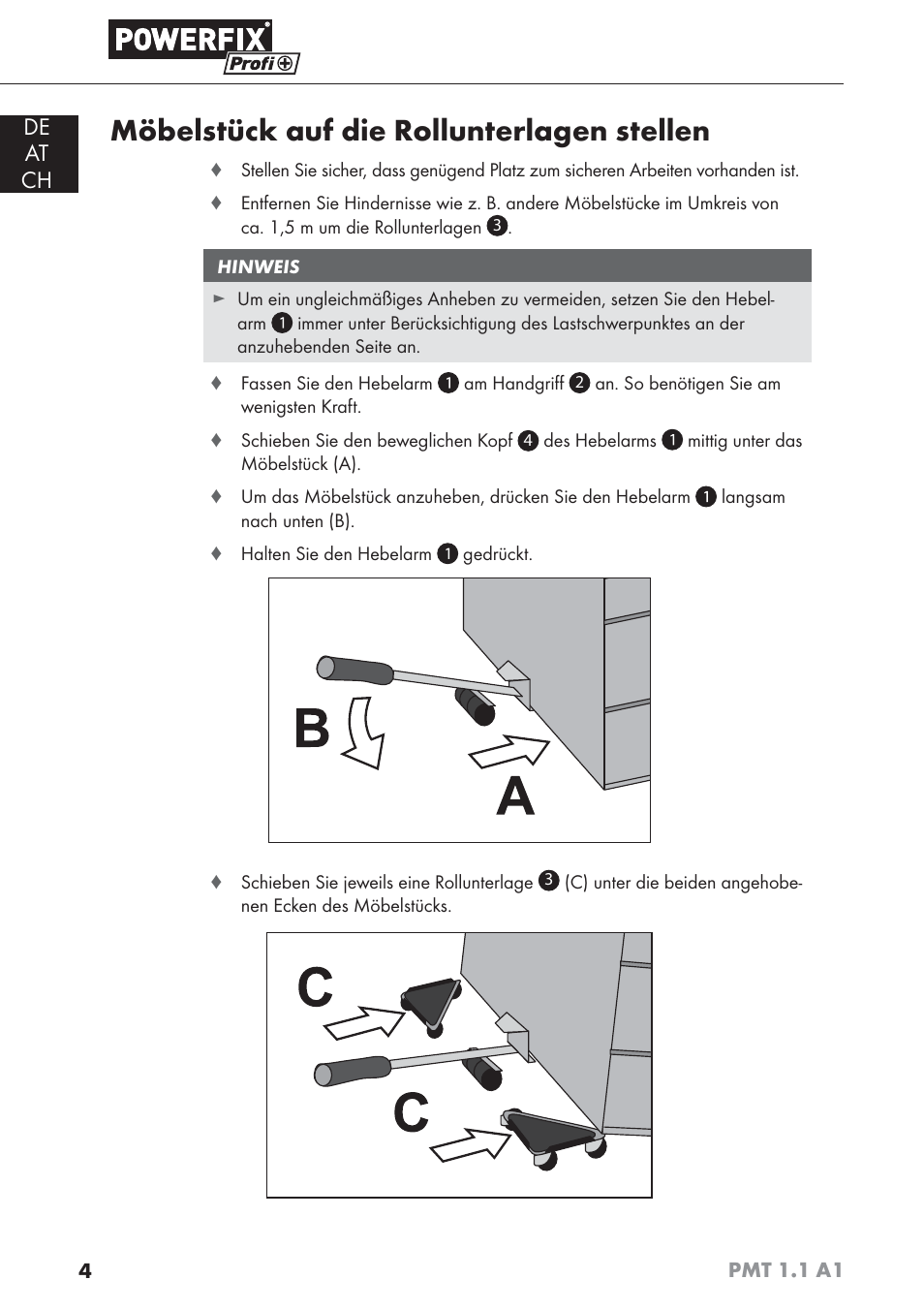 Möbelstück auf die rollunterlagen stellen | Powerfix PMT 1.1 A1 User Manual | Page 7 / 35