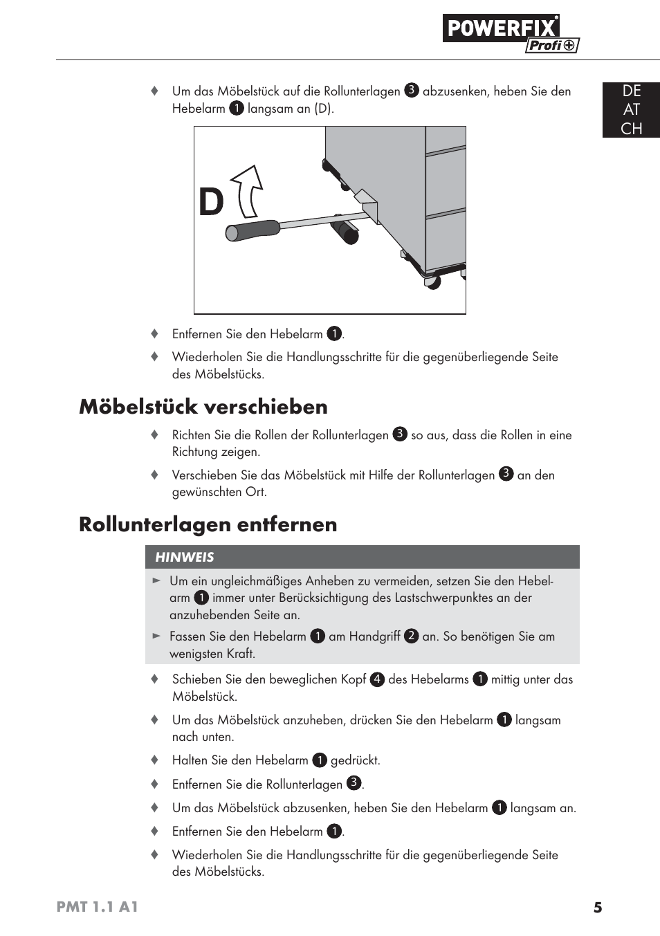 Möbelstück verschieben, Rollunterlagen entfernen, De at ch | Powerfix PMT 1.1 A1 User Manual | Page 8 / 35