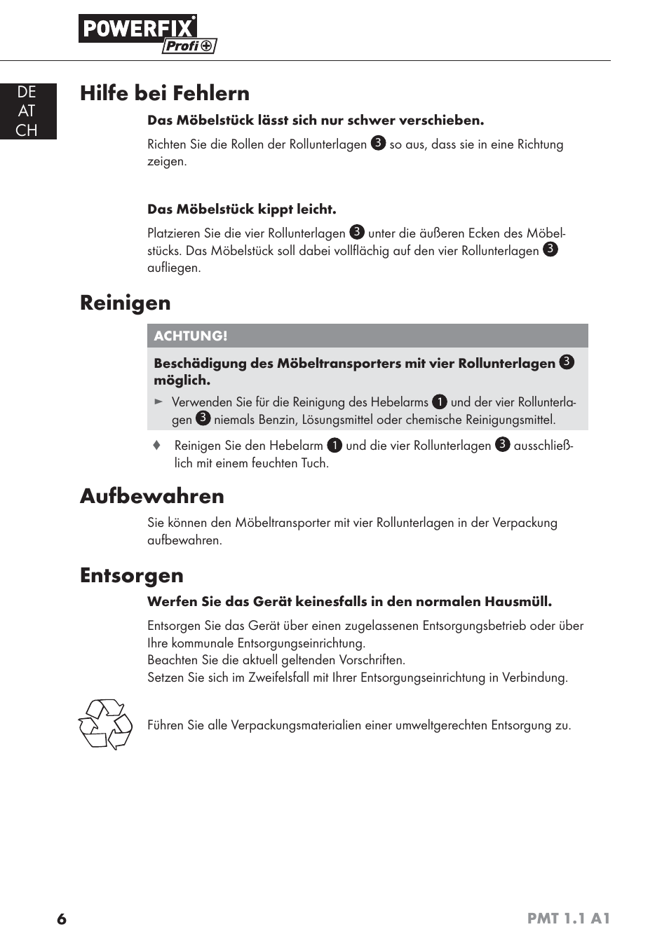 Hilfe bei fehlern, Reinigen, Aufbewahren | Entsorgen, De at ch | Powerfix PMT 1.1 A1 User Manual | Page 9 / 35