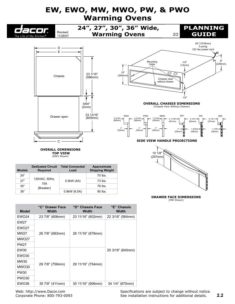 Ew, ewo, mw, mwo, pw, & pwo warming ovens, Planning guide | Dacor & PWO User Manual | Page 2 / 2