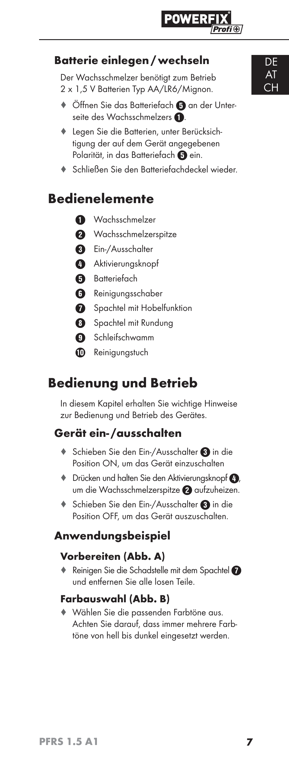 Bedienelemente, Bedienung und betrieb, De at ch batterie einlegen / wechseln | Gerät ein- /ausschalten, Anwendungsbeispiel | Powerfix PFRS 1.5 A1 User Manual | Page 10 / 51