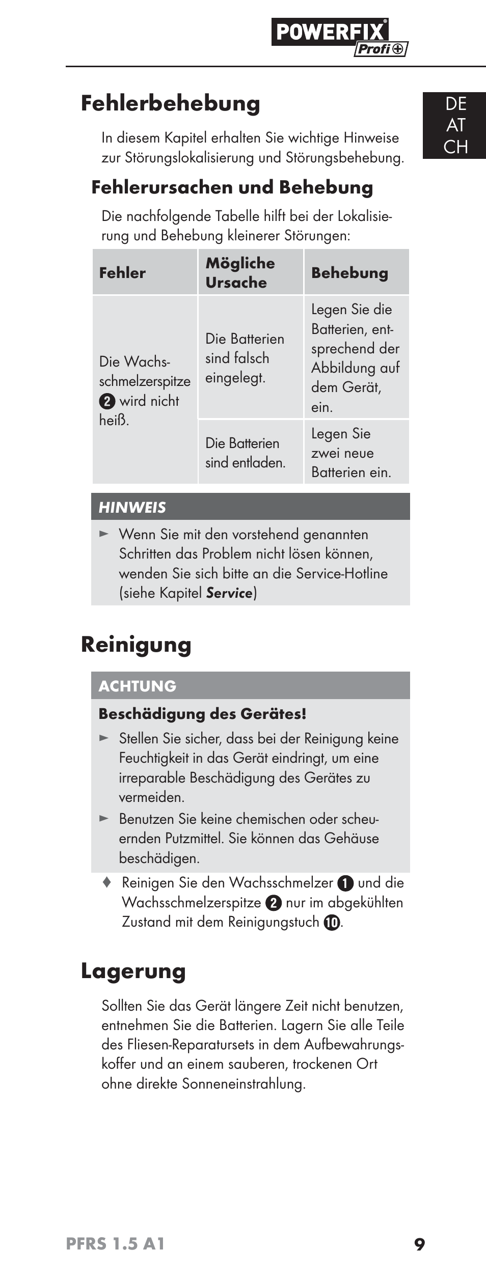 Fehlerbehebung, Reinigung, Lagerung | De at ch, Fehlerursachen und behebung | Powerfix PFRS 1.5 A1 User Manual | Page 12 / 51