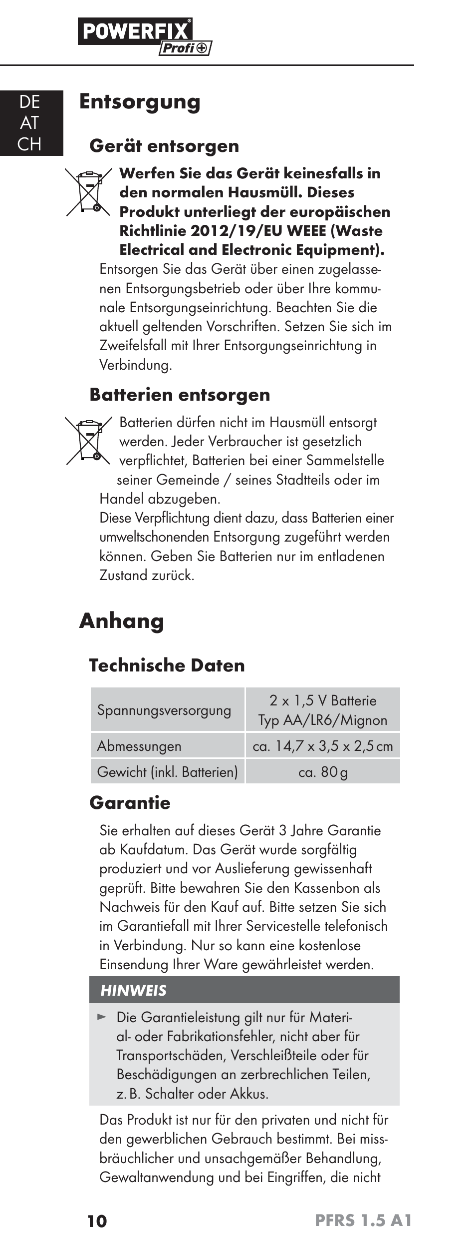 Entsorgung, Anhang, De at ch | Gerät entsorgen, Batterien entsorgen, Technische daten, Garantie | Powerfix PFRS 1.5 A1 User Manual | Page 13 / 51